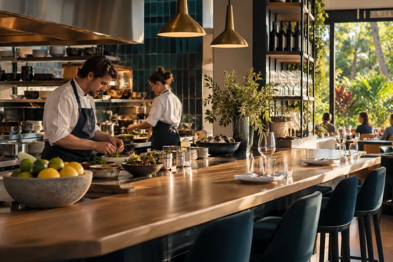 Chefs preparing food at a restaurant counter