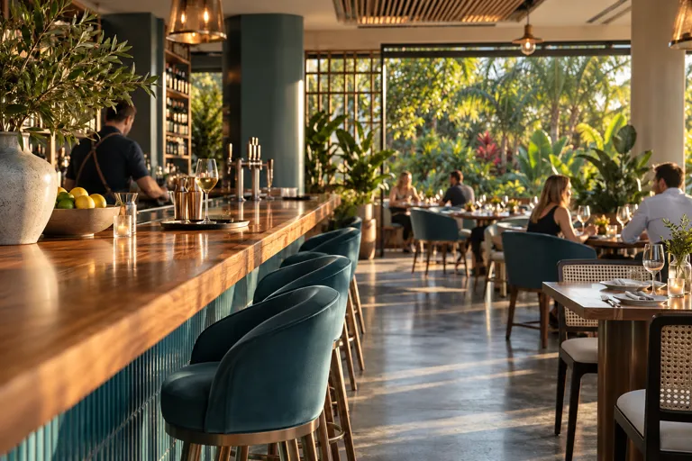 Restaurant bar with a polished timber counter, dining tables and garden views through the windows
