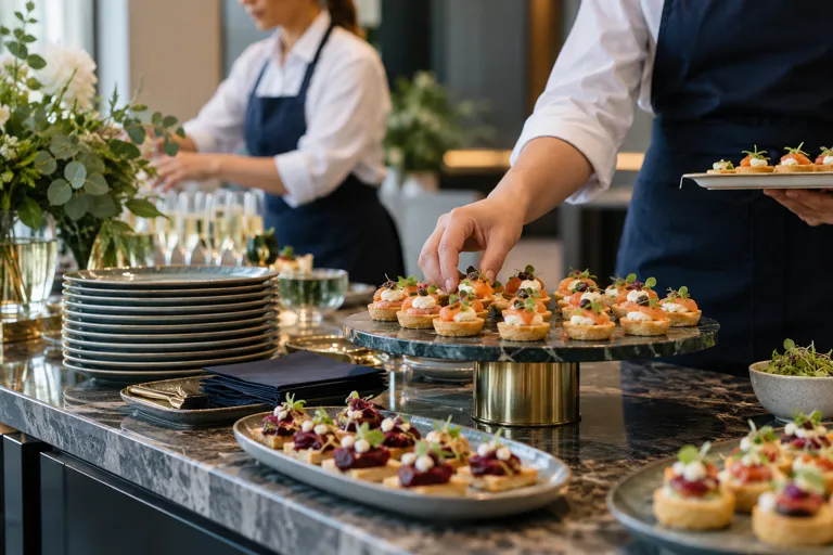 Hands arranging canapes on trays