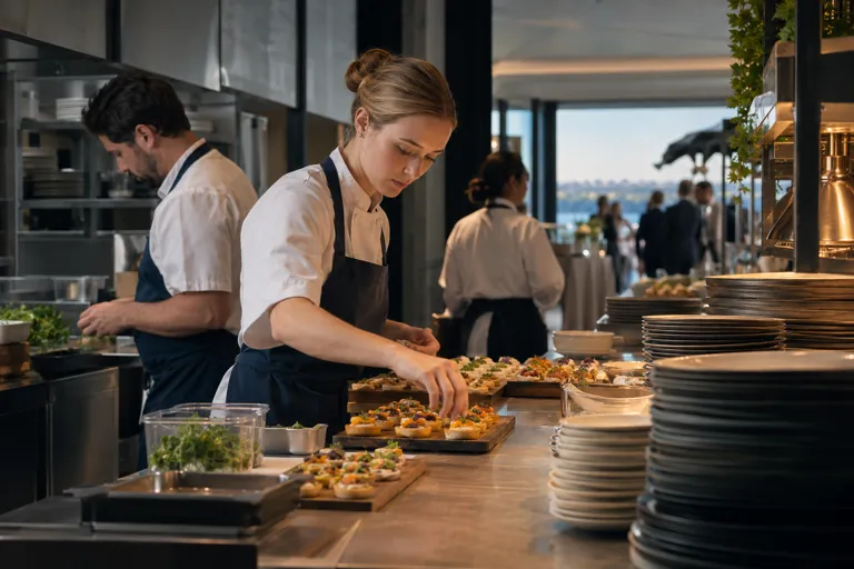 Chefs preparing catering food at a preparation bench