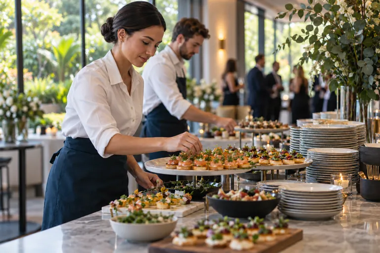 Catering staff arranging canapes in a function room with garden views through the windows