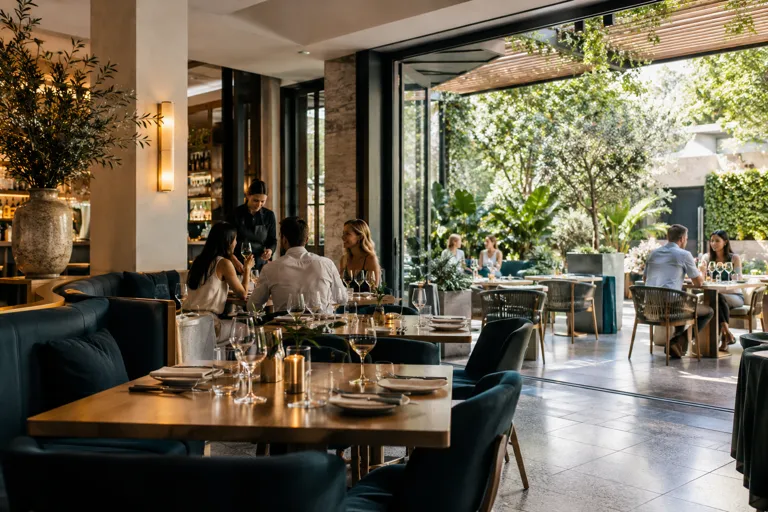 Indoor dining room opening onto a green courtyard