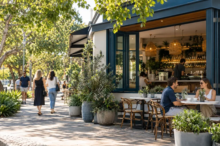 Cafe frontage on a leafy footpath