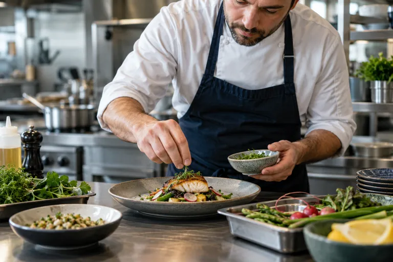 Close-up of a chef plating vegetables