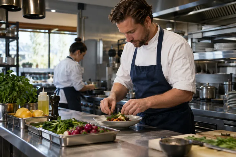 Chef cooking in a stainless steel commercial kitchen