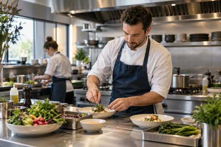 Chef preparing dishes at a stainless steel bench