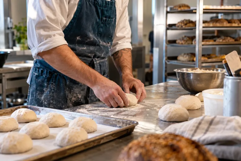Close-up of hands working dough