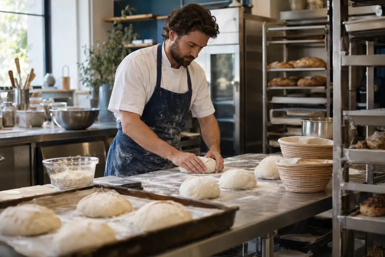 Baker kneading dough in a production kitchen