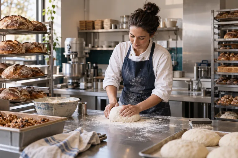 Baker preparing dough on a floured workbench with bread trays behind