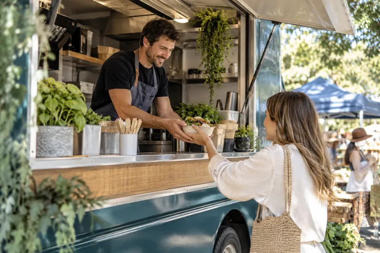 Close-up of staff handing food to a customer through a food truck window