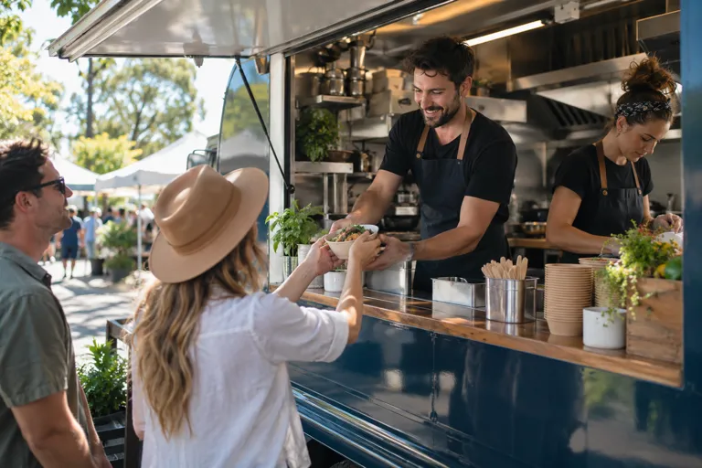 Two food truck staff serving customers at the service window