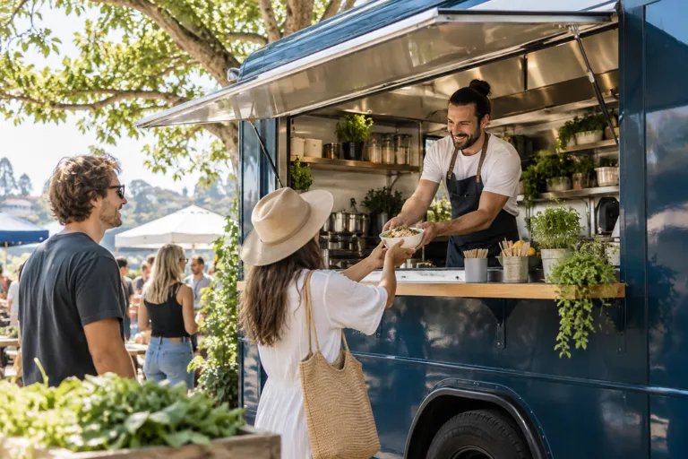 Food truck staff serving customers