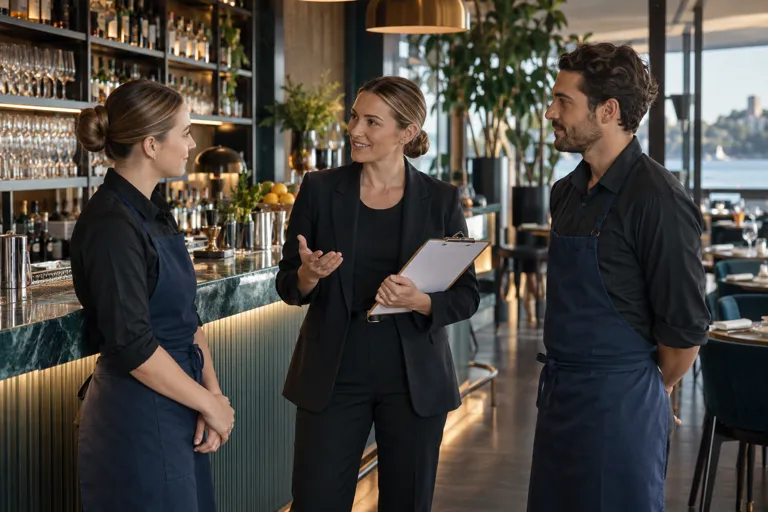 Hospitality manager briefing two adult staff members