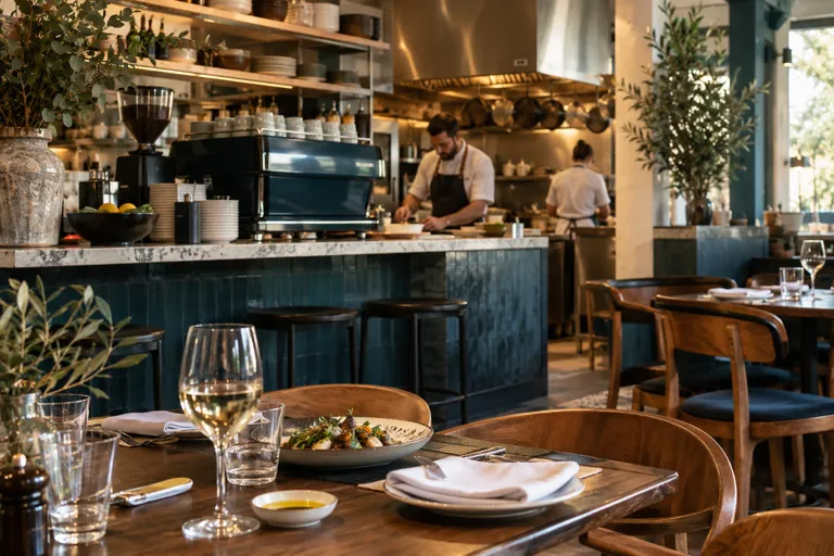 Set dining table with a cafe counter and espresso machine in the background