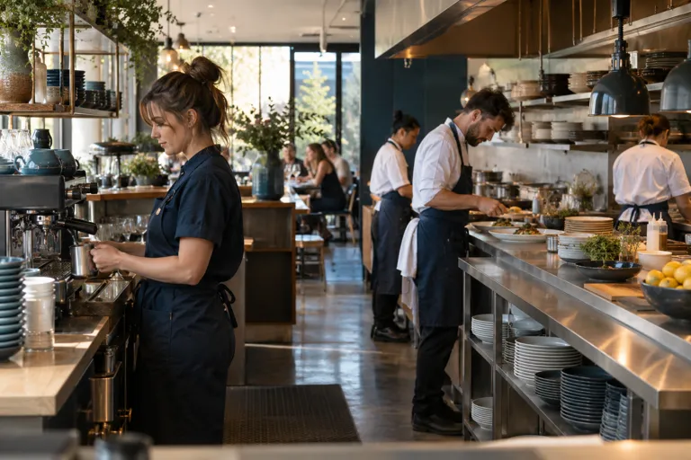 Open kitchen with staff preparing drinks
