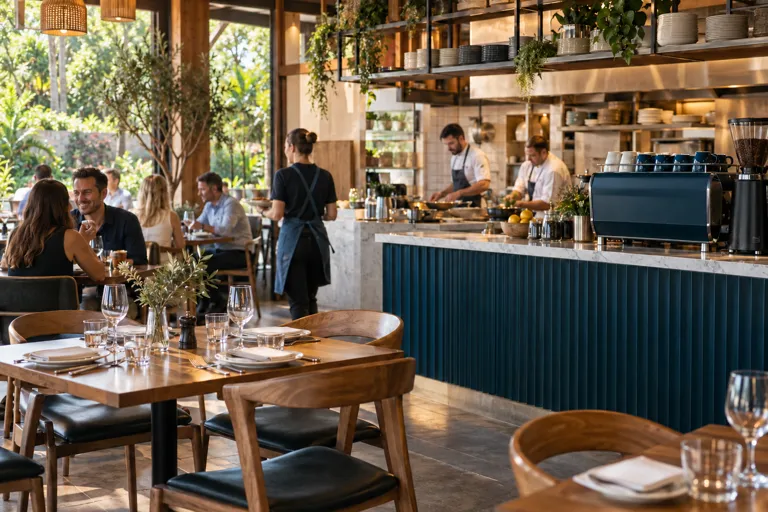 Cafe with an open kitchen, dining tables and garden views through the windows