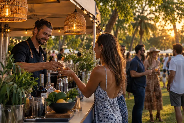 Bartender handing a drink to an adult customer at an outdoor park festival