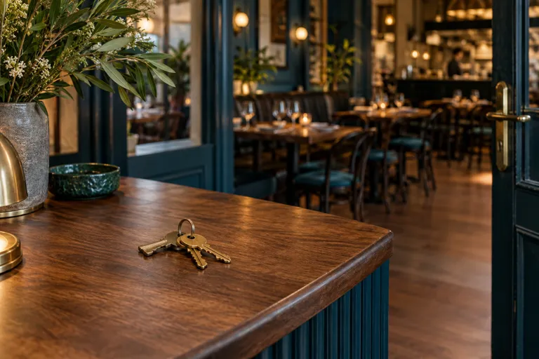 Brass keys on a timber reception counter with a bistro dining room behind